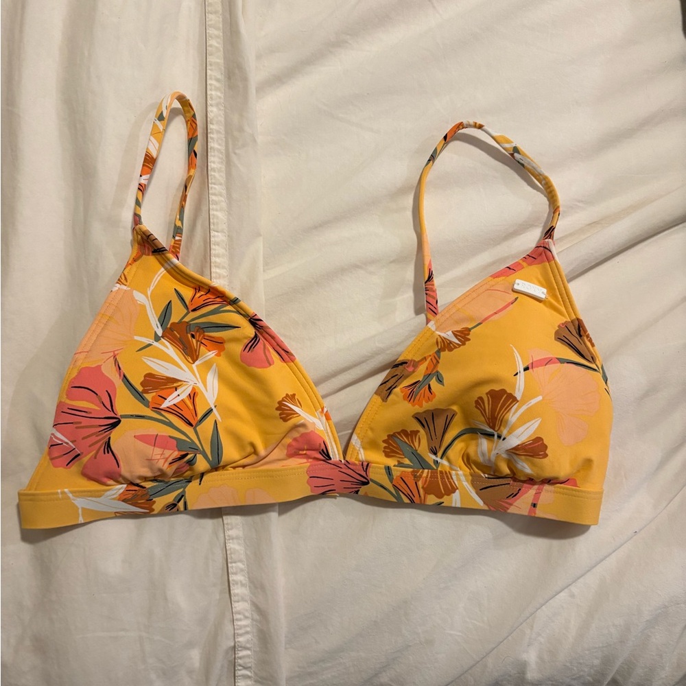 Roxy Yellow Floral Triangle Bikini Top Adjustable Strap Swim Top Size Medium